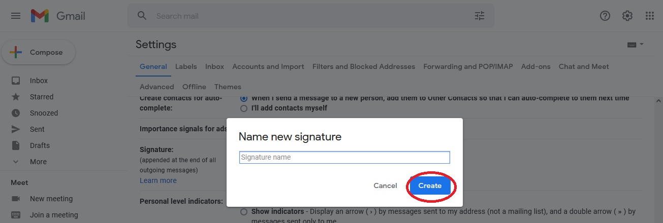 How To Change A Signature In Gmail A Step By Step Guide Software Advice Name Your New Signature In The Pop Up Box 1